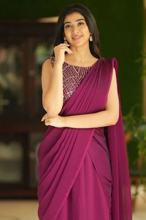 Purple Designer Party Wear Silk Gown Style Saree at Shubhkala