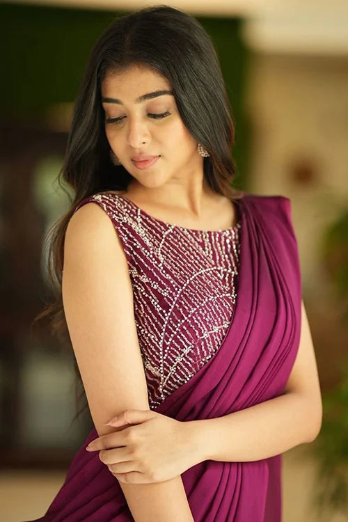 Purple Designer Party Wear Silk Gown Style Saree at Shubhkala