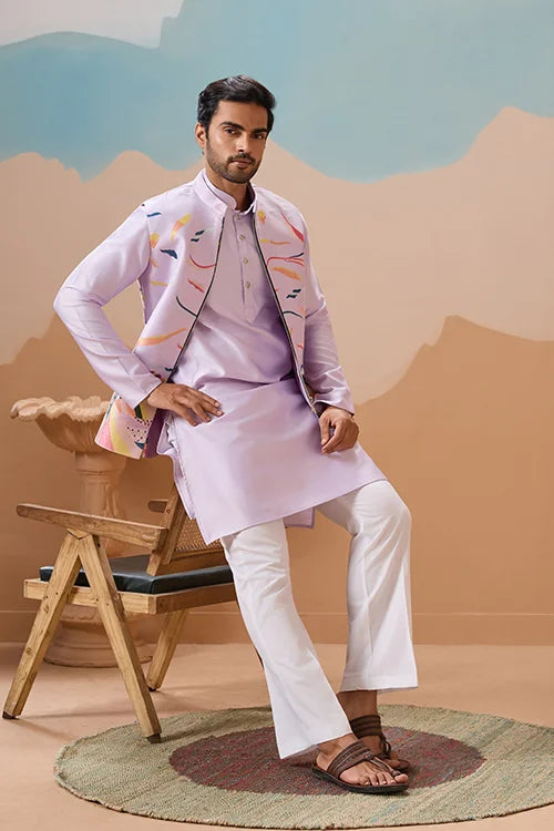 Lavender Wedding Carnival Koti Kurta Set for Mens