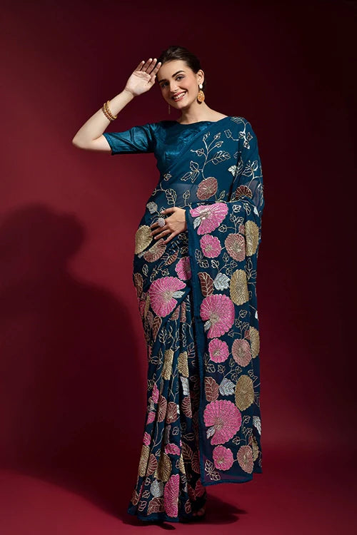 Bollywood Designer Petrol Saree with Embroidery Work