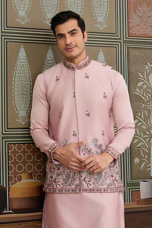Pink Unique Color Embroidered Koti Kurta Pajama for Mens