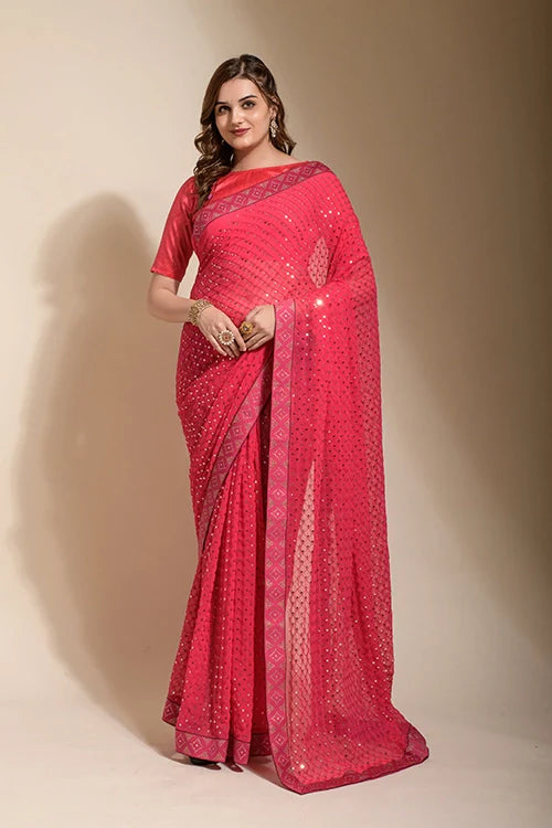 Stylish Pink Georgette Saree with Swarovski Work
