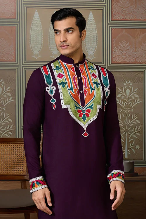 Purple Festival Wear Embroidery Mens Wear Kurta