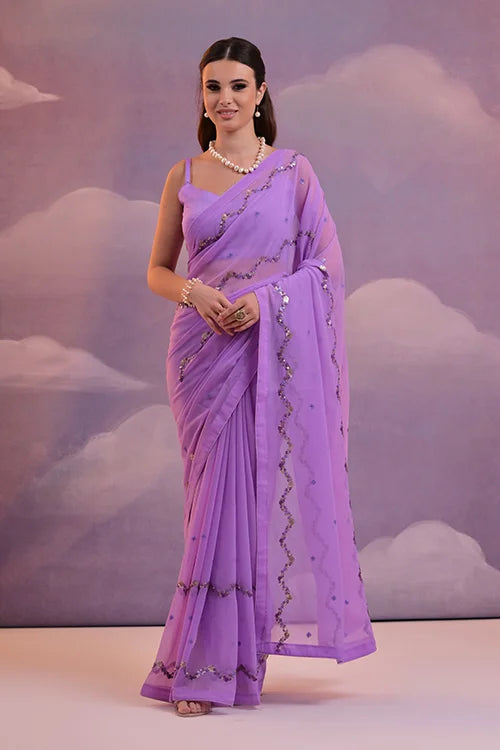 Designer Purple Georgette Saree with 4-Sequin Embroidery