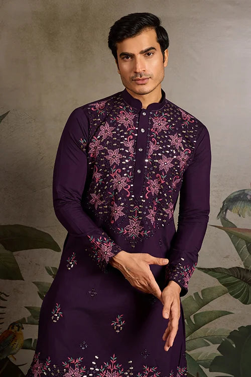 Designer Purple Mirror Work Kurta Set for Mens Wear