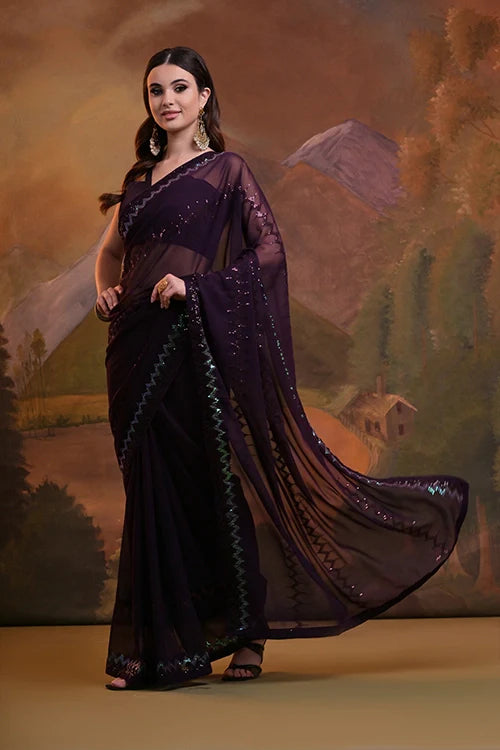 Gorgeous Purple Georgette Saree with Sequins Work