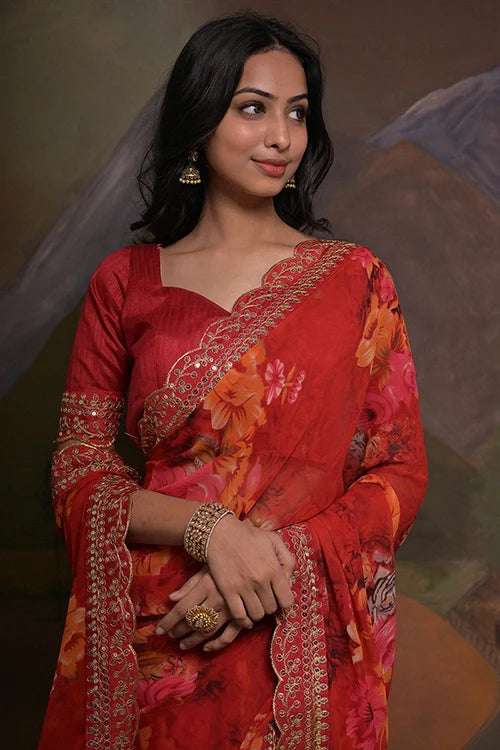 Red Georgette Saree with Designer Bollywood Look