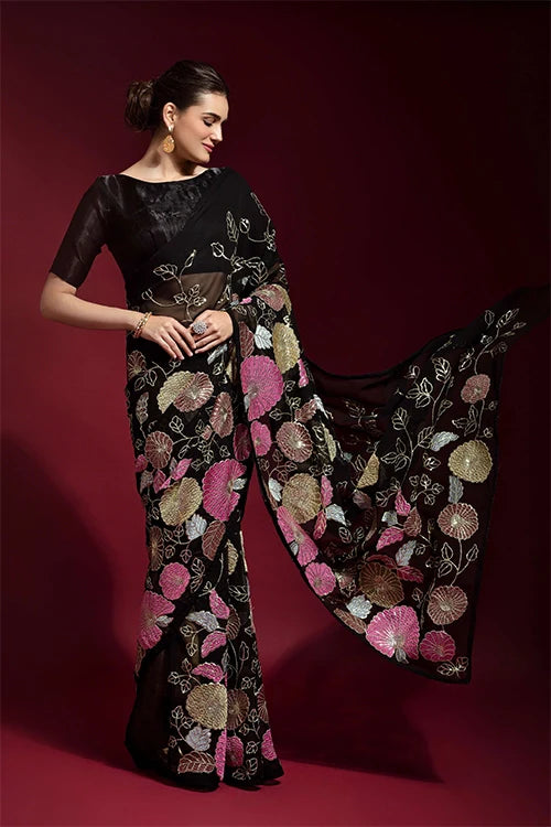 Black Georgette Partywear Saree with Thread Embroidery