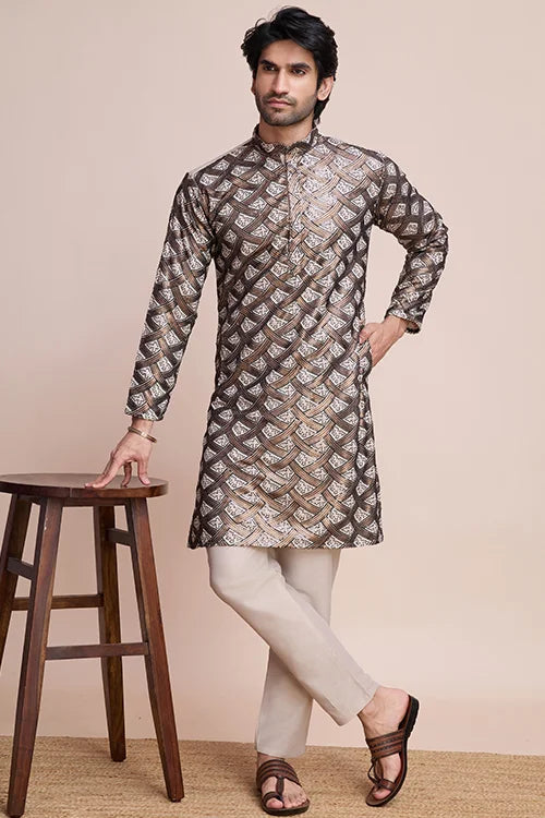 Designer Beige Silk Kurta For Men - Festival Ready Wear
