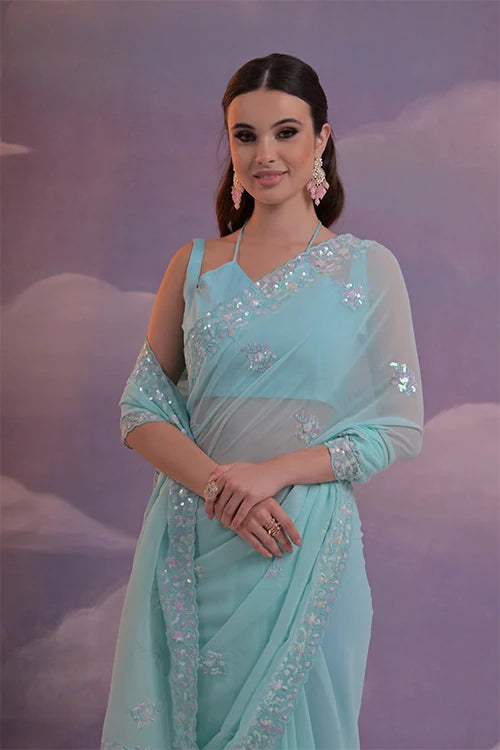 Beautiful C Pallu Embroidery Soft Georgette Saree