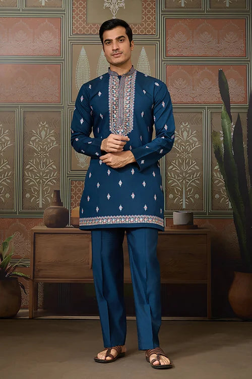 Modern Teal Blue Open Koti Kurta Set for Men