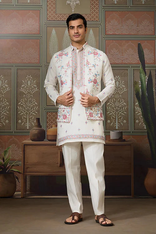 Ethnic White Embroidered Koti Kurta Set for Men