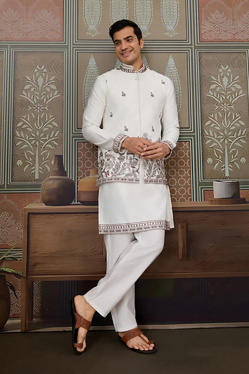 Latest Embroidered Designer White Koti Kurta Set for Mens