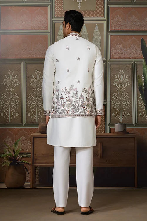 Latest Embroidered Designer White Koti Kurta Set for Mens