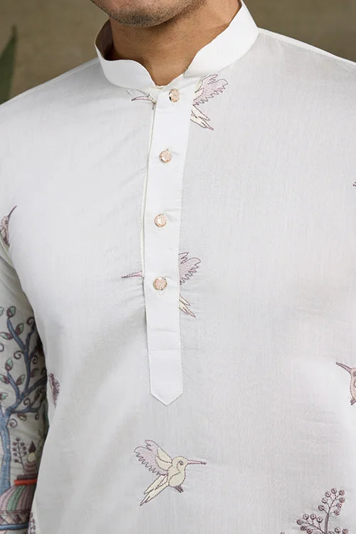 Designer White Silk printed kurta for men