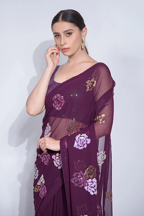 Wine Georgette Saree with Sequin Blouse | Bollywood Style