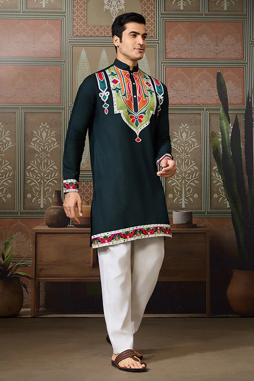 Green Embroidered Festival Wear Kurta for Men