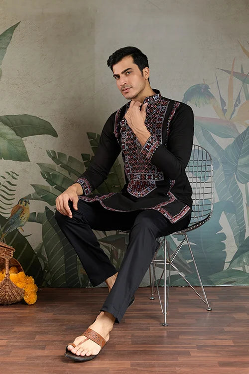Designer Premium Embroidered Black Silk Kurta for Men