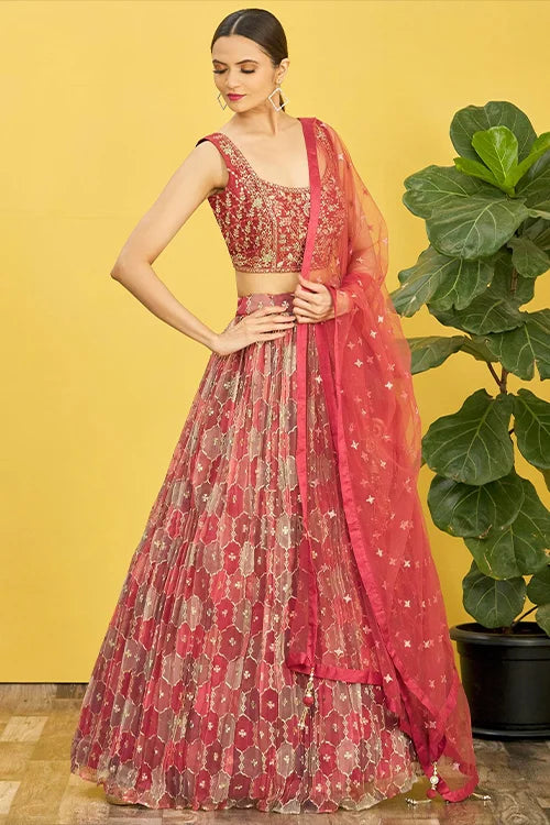 Designer Brown Thread With Sequins Embroidered Lehenga Choli
