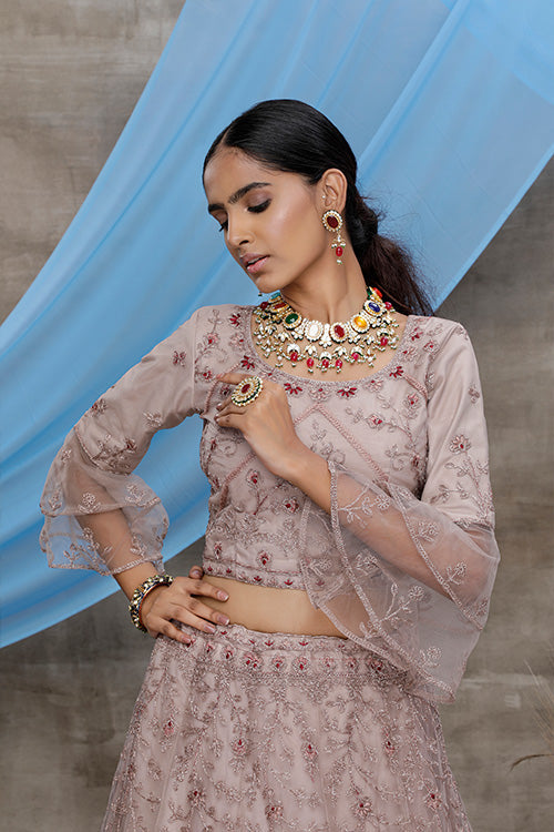 Designer Dusty Purple Net Multi Thread Embroidered Lehenga Choli