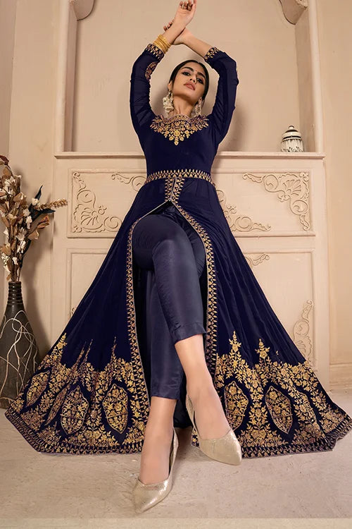 Designer Faux Georgette Zari Embroidered With Diamond Work Dresses