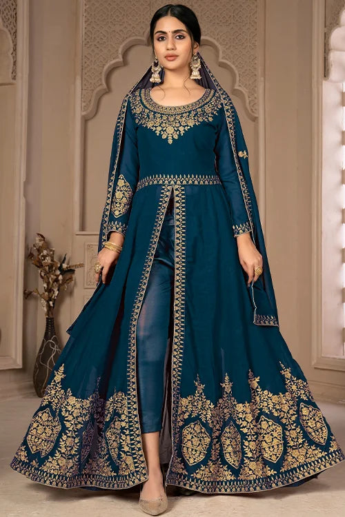 Designer Faux Georgette Zari Embroidered With Diamond Work Dresses