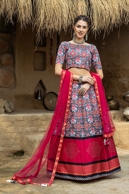 Designer Grey Art Silk Printed Work Lehenga Choli