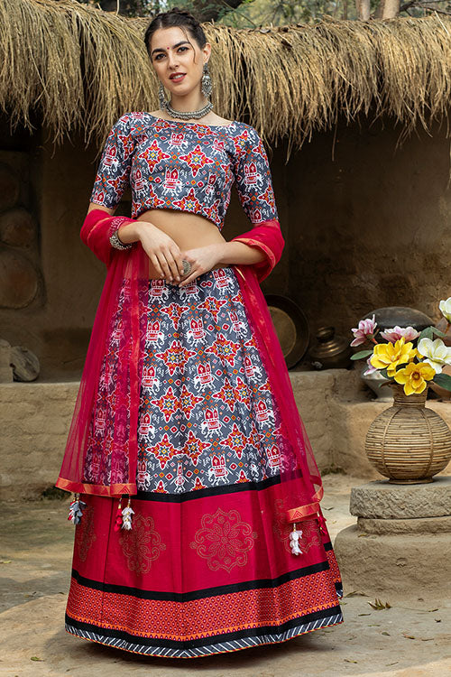 Designer Grey Art Silk Printed Work Lehenga Choli