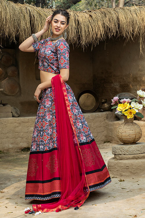 Designer Grey Art Silk Printed Work Lehenga Choli