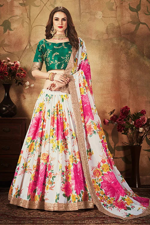 Designer Lehenga Choli For Wedding Collection Off-White And Green Colour