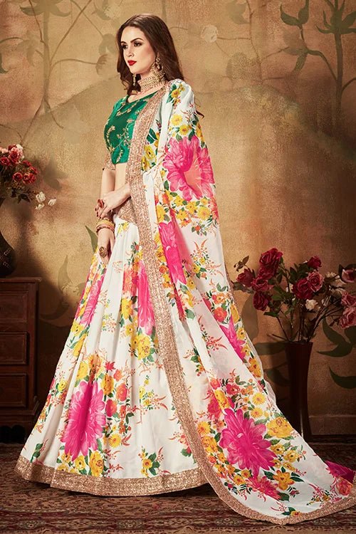 Designer Lehenga Choli For Wedding Collection Off-White And Green Colour