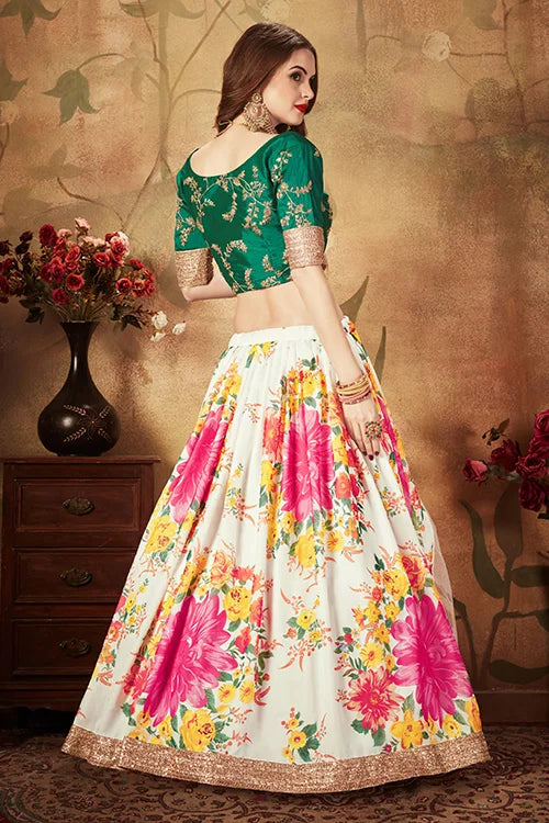 Designer Lehenga Choli For Wedding Collection Off-White And Green Colour