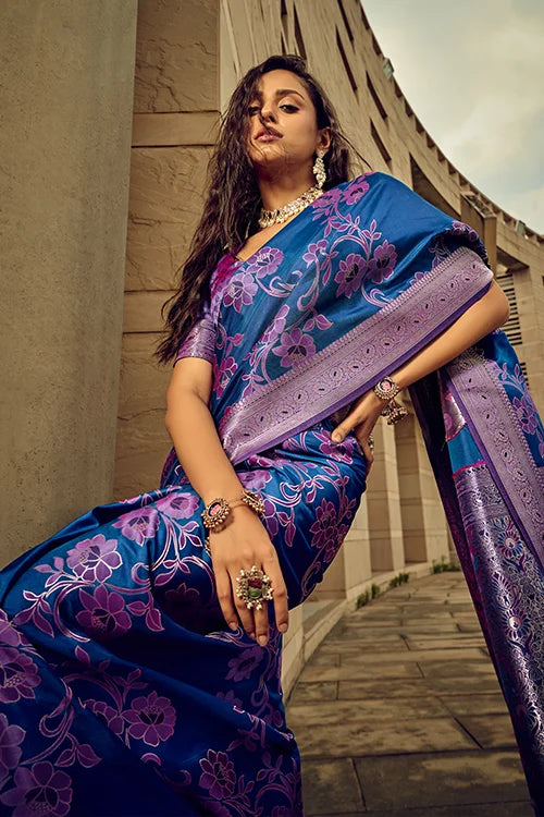 Elegant Blue Satin Brasso Silk Saree with Blouse for Weddings