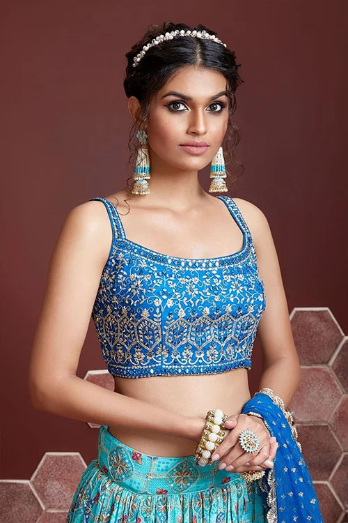 Digital Print Sky Blue Chinon Silk Wedding Wear Lehenga Choli