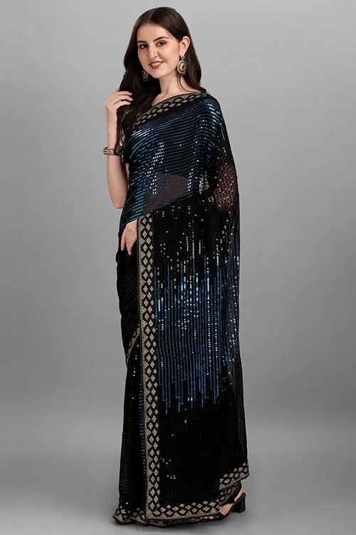 Designer Petrol Georgette Saree with Sequence Work