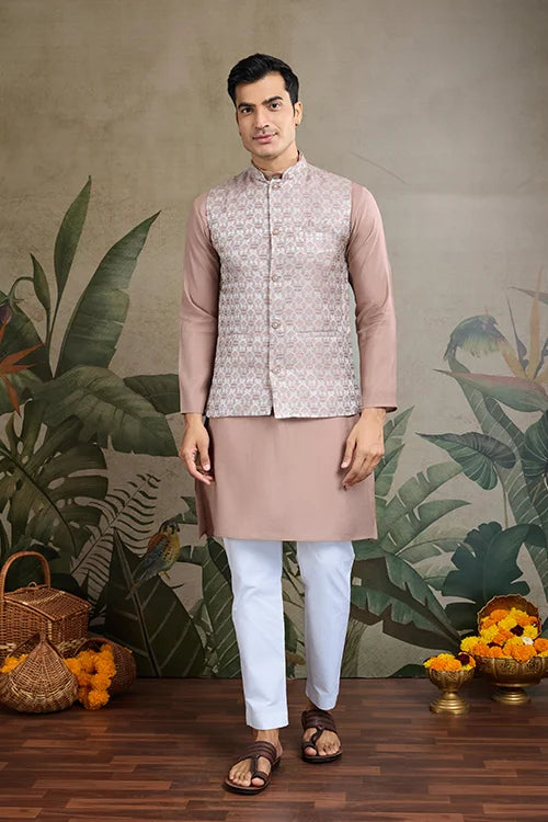 Dusty Brown Silk Kurta with Jacquard Koti Jacket