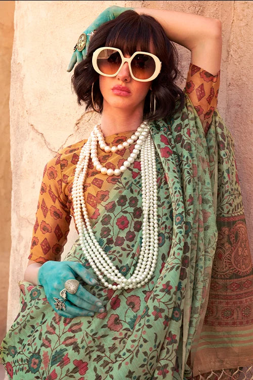 Zari Tissue Printed Satin Silk Saree With Blouse Piece At Shubhkala
