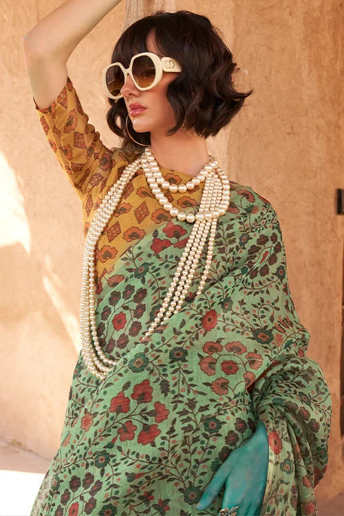 Zari Tissue Printed Satin Silk Saree With Blouse Piece At Shubhkala
