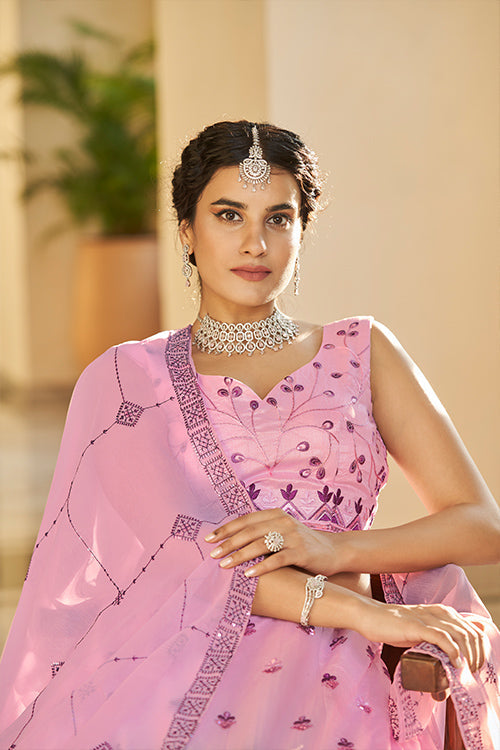 Dusty Pink Sequins Embroidered Lehenga Choli With Thread Work