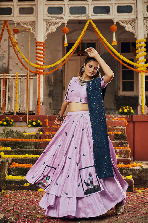 Dusty Pink Silk Digital Printed Work Navratri Lehenga