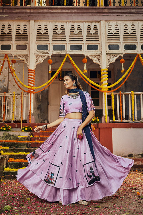 Dusty Pink Silk Digital Printed Work Navratri Lehenga