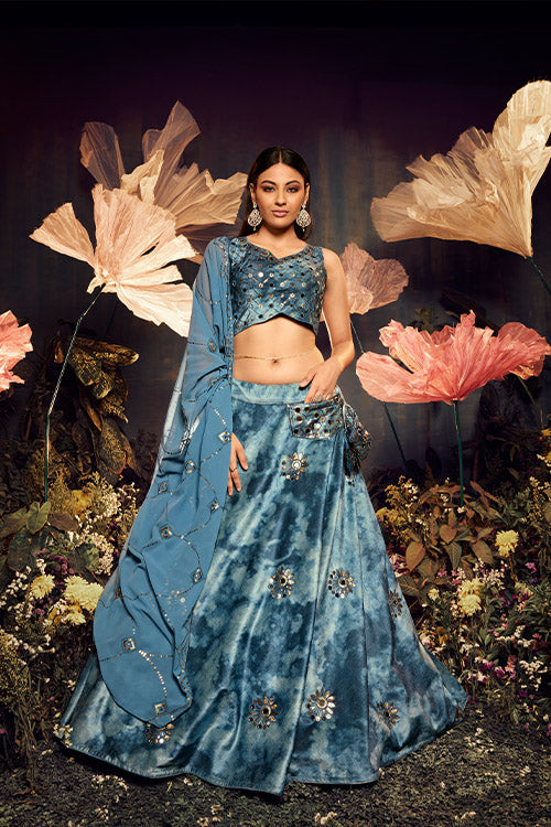 Sky Blue Velvet Sequins Embroidery Work Lehenga Choli