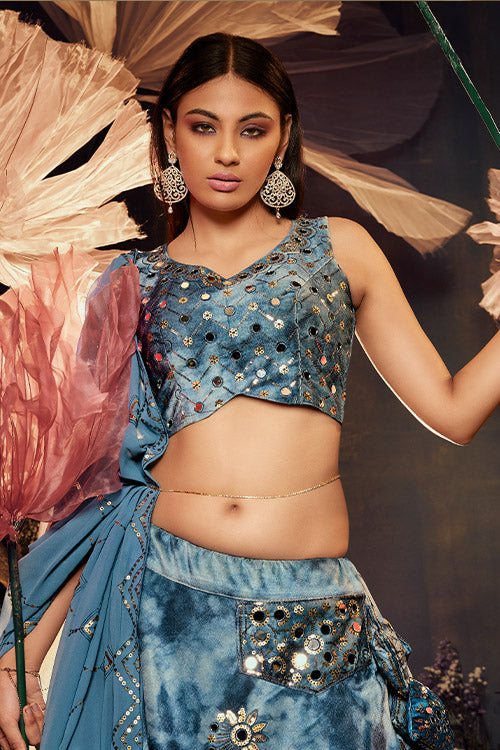 Sky Blue Velvet Sequins Embroidery Work Lehenga Choli