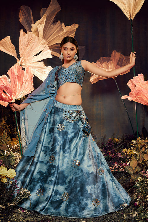 Sky Blue Velvet Sequins Embroidery Work Lehenga Choli