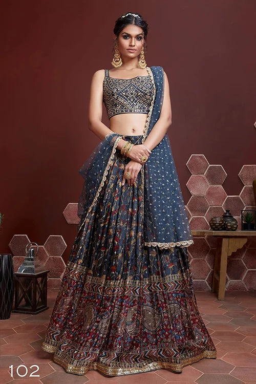 Elegance Blue Chinon Sequins Embroidered Lehenga Choli