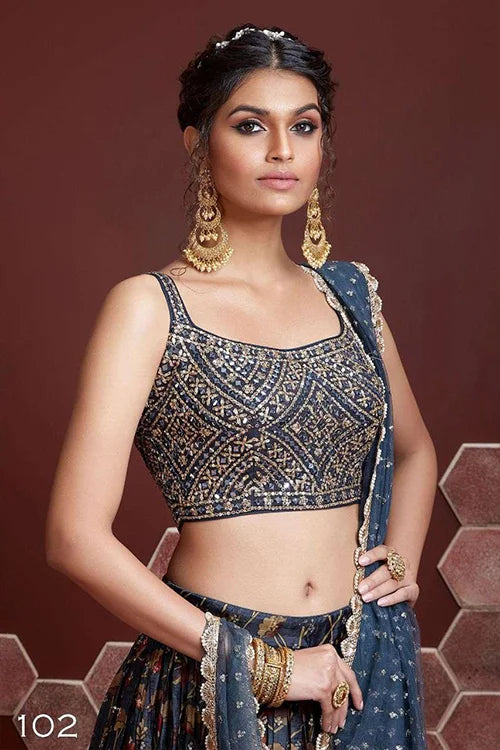 Elegance Blue Chinon Sequins Embroidered Lehenga Choli