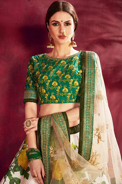 Elegance Cream-Green  Floral Print Lehenga Choli With Dupatta