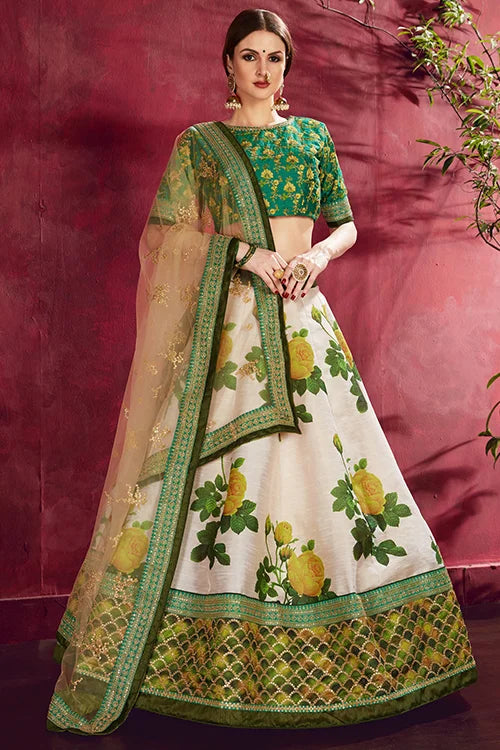 Elegance Cream-Green  Floral Print Lehenga Choli With Dupatta