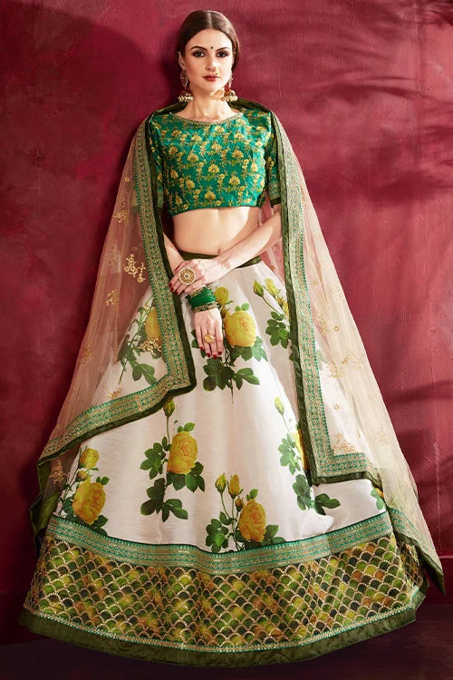 Elegance Cream-Green  Floral Print Lehenga Choli With Dupatta