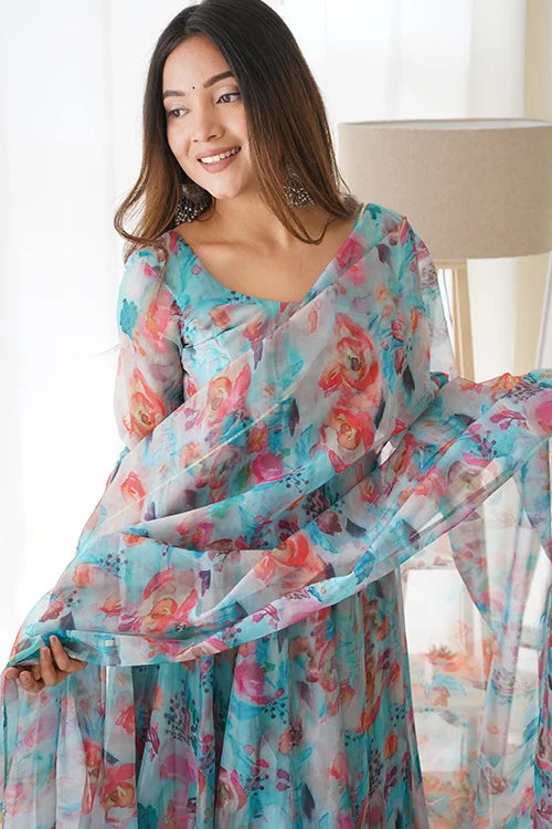 Bright Colour Anarkali Gown with Dupatta for Summer Wear